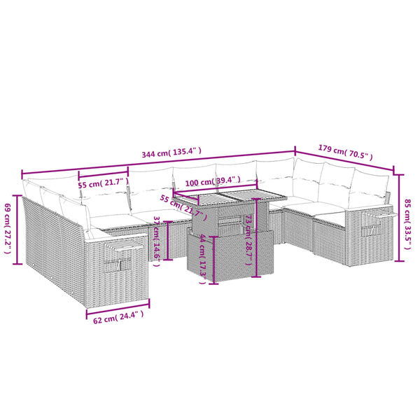 vidaXL Salon de jardin 11 pcs avec coussins noir r&eacute;sine tress&eacute;e