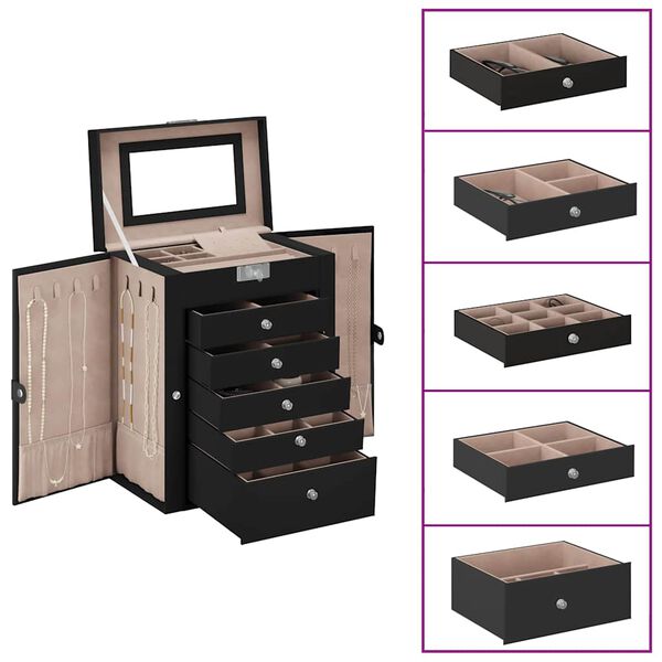 VidaXL Bo&icirc;te &agrave; bijoux 6 niveaux avec miroir verrouillable noir