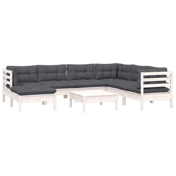 vidaXL Salon de jardin 8 pcs avec coussins blanc bois de pin massif