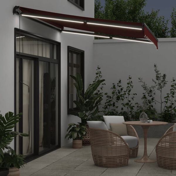 vidaXL Auvent manuel r&eacute;tractable avec LED bordeaux 300x250 cm
