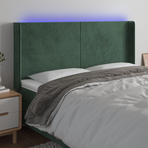 vidaXL T&ecirc;te de lit &agrave; LED Vert fonc&eacute; 203x16x118/128 cm Velours