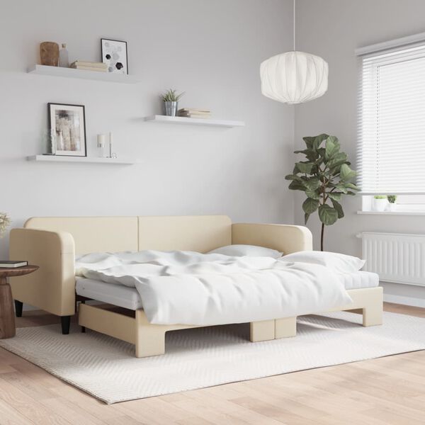 vidaXL Lit de jour avec gigogne et matelas cr&egrave;me 100x200 cm tissu