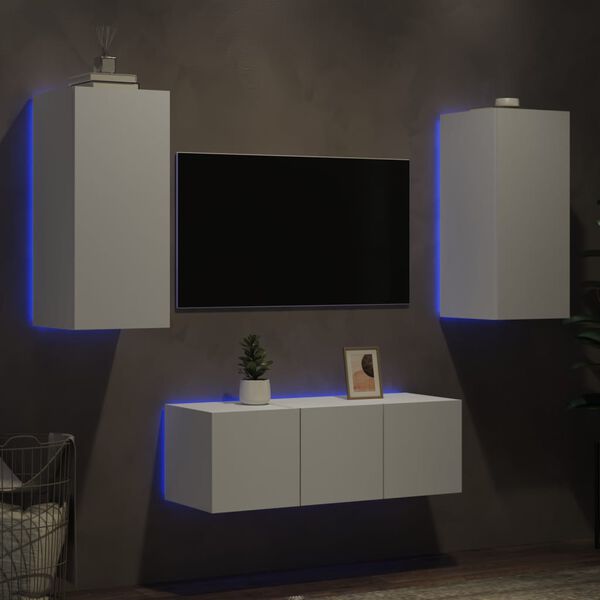 vidaXL Unit&eacute;s murales TV avec LED 4 pcs blanc bois d'ing&eacute;nierie