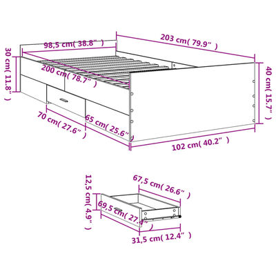 vidaXL Cadre de lit avec tiroirs sans matelas sonoma gris 100x200 cm