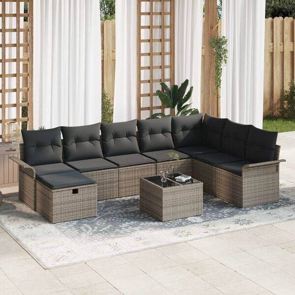 vidaXL Ensemble de canap&eacute; de jardin avec coussin 9 pcs Gris polyrotin