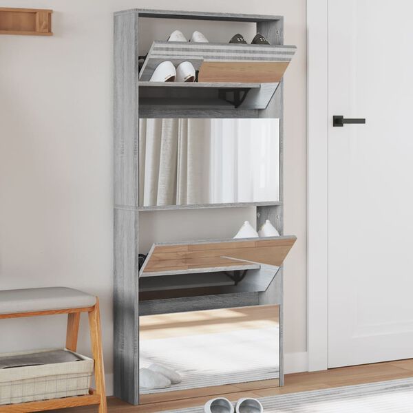 vidaXL Armoire &agrave; chaussures miroir 4 niveaux sonoma gris 63x17x134 cm