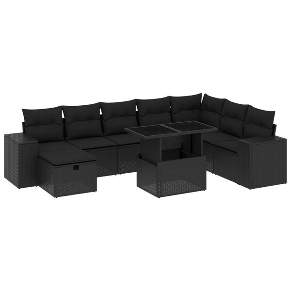 vidaXL Salon de jardin 9 pcs avec coussins noir résine tressée