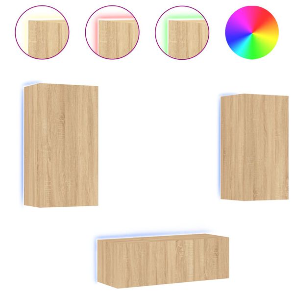 vidaXL Unit&eacute;s murales TV avec LED 4 pcs ch&ecirc;ne sonoma bois d'ing&eacute;nierie