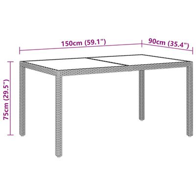vidaXL Table de jardin 150x90x75 cm Verre trempé/résine tressée Marron