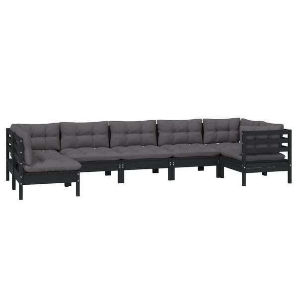 vidaXL Salon de jardin 7 pcs avec coussins Noir Bois de pin