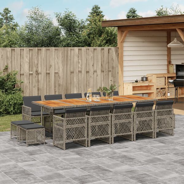 vidaXL Ensemble &agrave; manger de jardin 15 pcs coussins gris r&eacute;sine tress&eacute;e