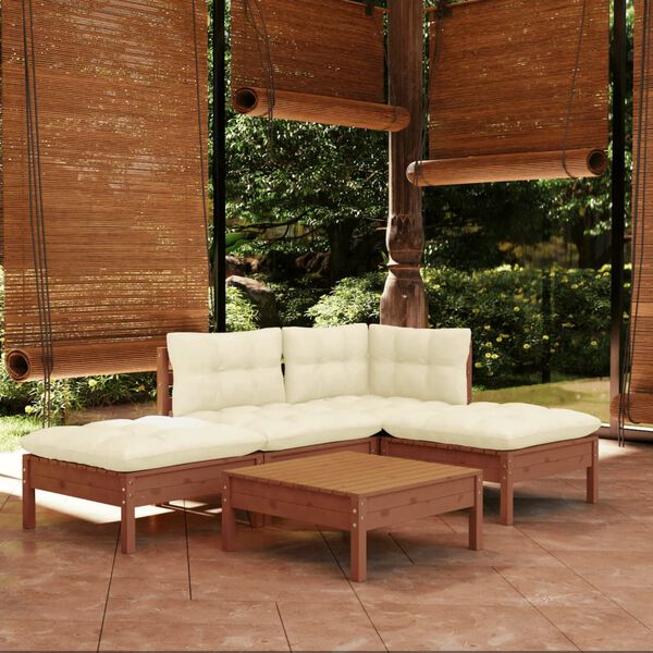 vidaXL Salon de jardin 5 pcs avec coussins Marron miel Bois de pin