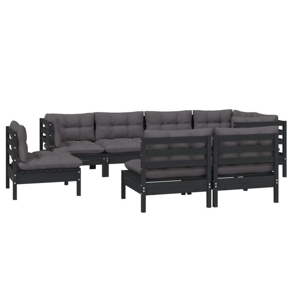 vidaXL Salon de jardin 8 pcs avec coussins Noir Bois de pin massif