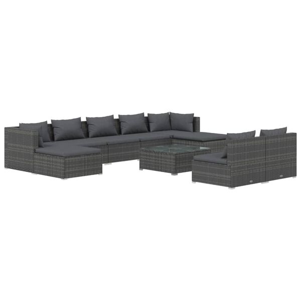 vidaXL Salon de jardin 10 pcs avec coussins Gris R&eacute;sine tress&eacute;e