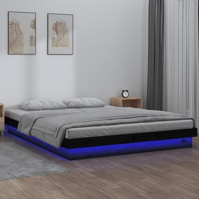 vidaXL Cadre de lit à LED noir 120x190 cm petit double bois massif
