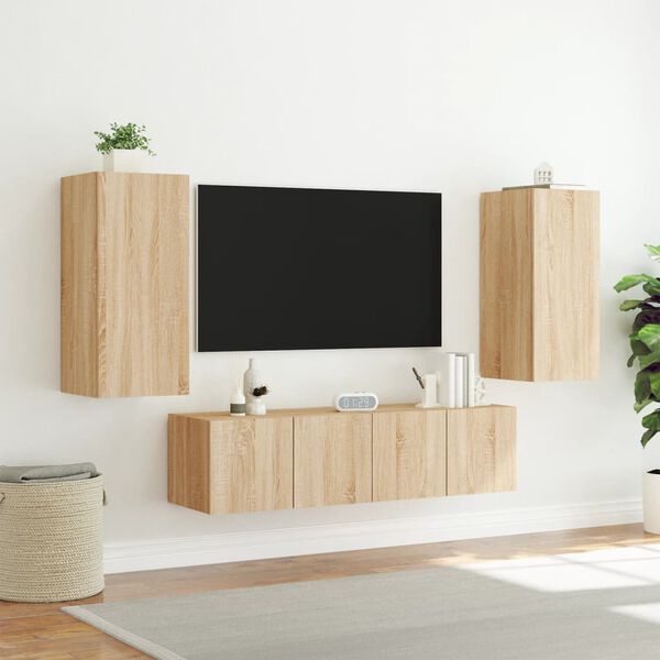 vidaXL Unit&eacute;s murales TV avec LED 4 pcs ch&ecirc;ne sonoma bois d'ing&eacute;nierie