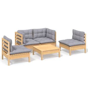 vidaXL Salon de jardin 5 pcs avec coussins gris bois de pin massif