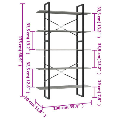 vidaXL Bibliothèque à 5 niveaux Gris béton 100x30x175 cm