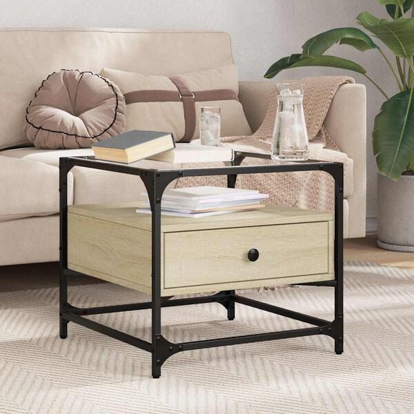 vidaXL Table basse et dessus en verre ch&ecirc;ne sonoma 50x50x45 cm acier