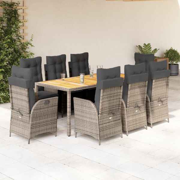 vidaXL Ensemble &agrave; manger de jardin 9 pcs coussins gris r&eacute;sine tress&eacute;e