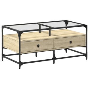 vidaXL Table basse et dessus en verre ch&ecirc;ne sonoma 98,5x50x45 cm acier