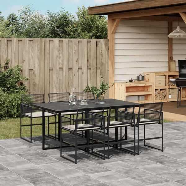 vidaXL Ensemble &agrave; manger de jardin coussins 7 pcs noir r&eacute;sine tress&eacute;e