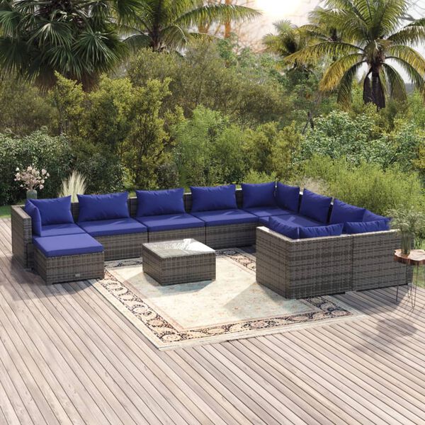 vidaXL Salon de jardin 11 pcs avec coussins Résine tressée Gris