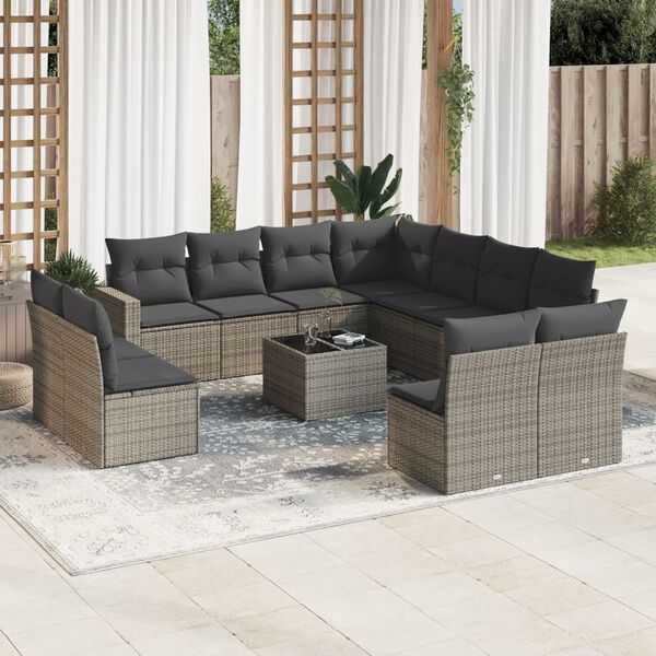 vidaXL Salon de jardin avec coussins 12 pcs gris r&eacute;sine tress&eacute;e