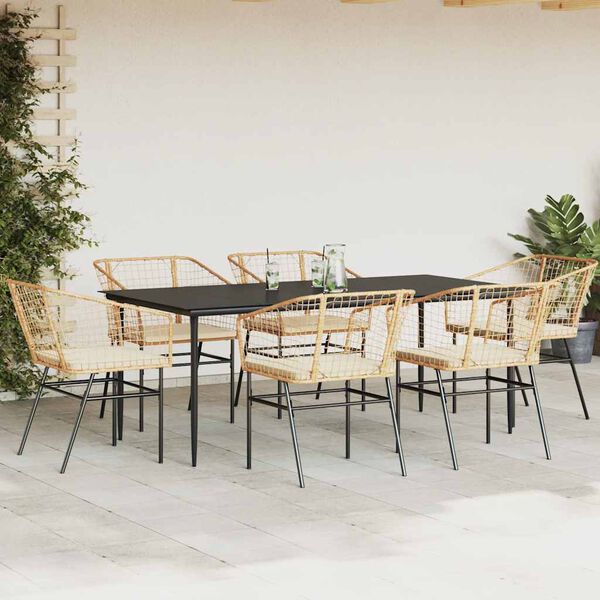 vidaXL Ensemble &agrave; manger jardin coussins 7pcs marron poly rotin verre