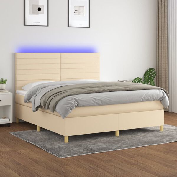 vidaXL Sommier &agrave; lattes de lit et matelas et LED Cr&egrave;me 180x200cm Tissu