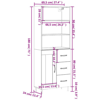 vidaXL Buffet haut Chêne marron 69,5x34x180 cm Bois d'ingénierie