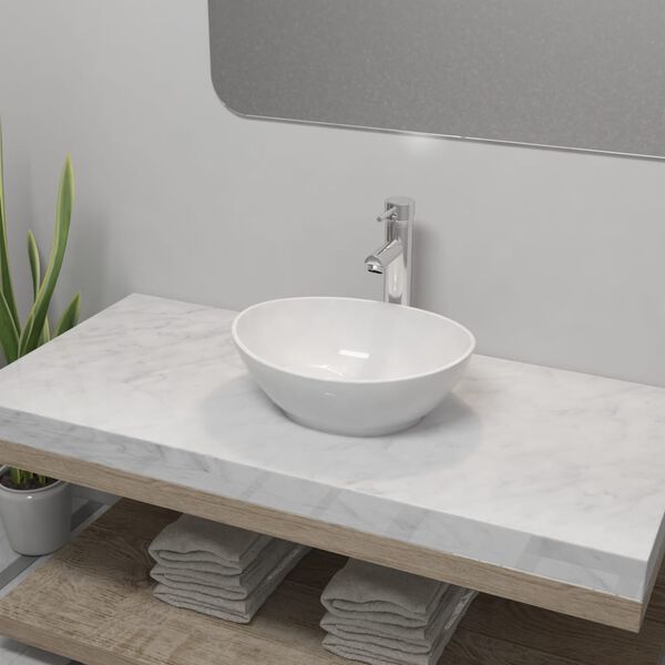 vidaXL Lavabo de salle de bain avec mitigeur C&eacute;ramique Ovale Blanc