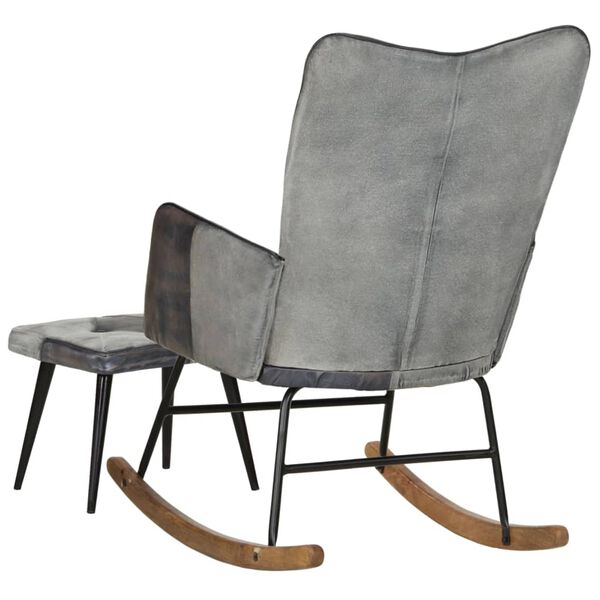 vidaXL Chaise &agrave; bascule et repose-pieds Gris Cuir v&eacute;ritable et toile