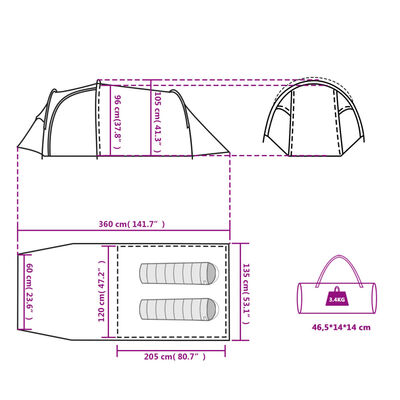 vidaXL Tente de camping tunnel 2 personnes tissu occultant imperméable