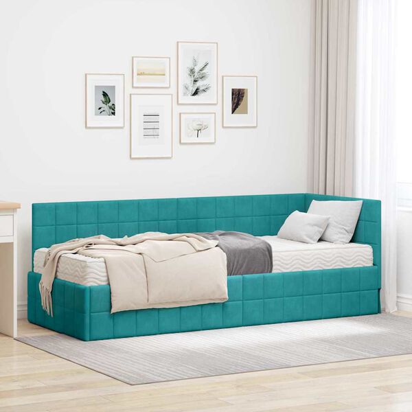 vidaXL Cadre de lit d'angle avec matelas 2 pcs Turquoise Velours