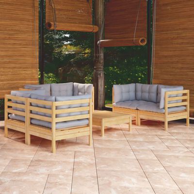 vidaXL Salon de jardin 7 pcs avec coussins gris Bois de pin massif