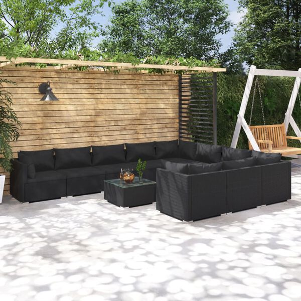vidaXL Salon de jardin 11 pcs avec coussins R&eacute;sine tress&eacute;e Noir