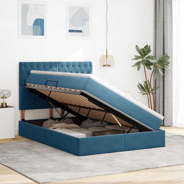 vidaXL Lit avec rangement et LED Bleu fonc&eacute; 140 x 190 cm Velours