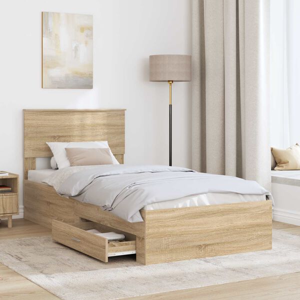 vidaXL Cadre de lit avec tiroir Sonoma Ch&ecirc;ne et Argent 75 x 190 cm