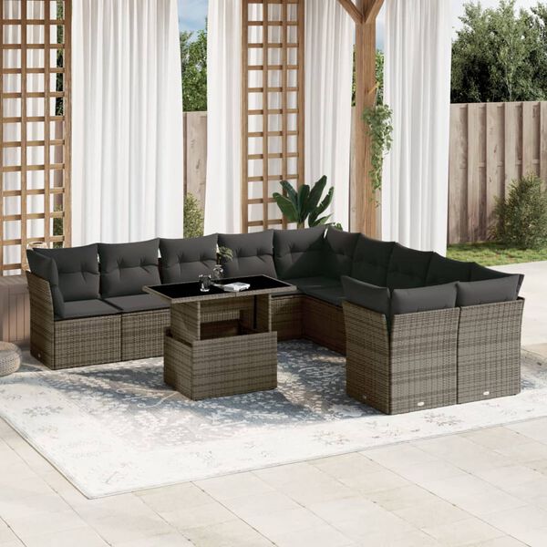 vidaXL Salon de jardin 11 pcs avec coussins gris r&eacute;sine tress&eacute;e