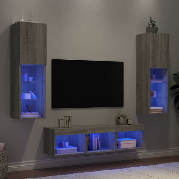 vidaXL Unit&eacute;s murales TV avec LED 5 pcs gris sonoma bois d'ing&eacute;nierie