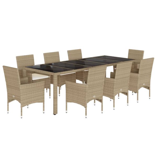 vidaXL Ensemble à manger de jardin et coussins 9 pcs beige rotin verre