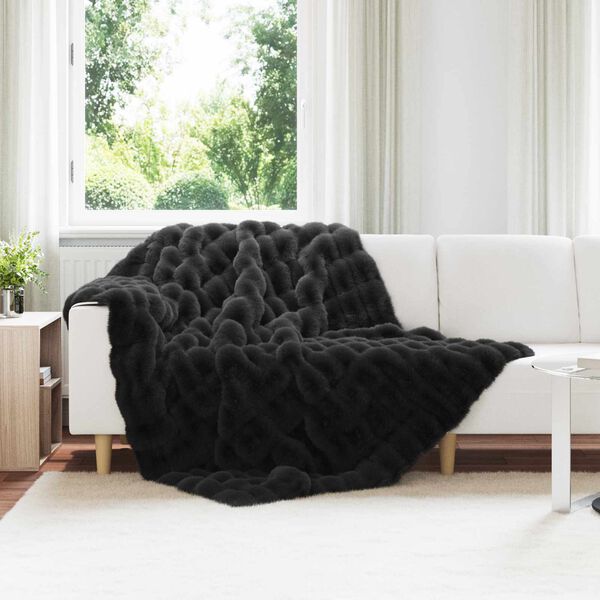 vidaXL Couverture en Fourrure de Lapin Synth&eacute;tique Noir 150 x 220 cm