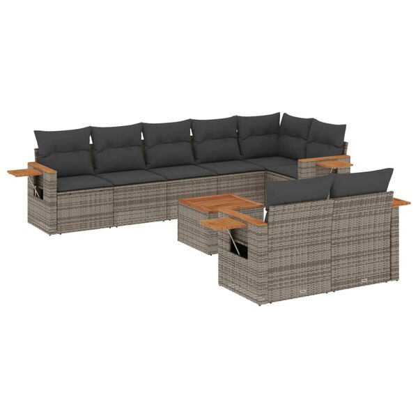 vidaXL Salon de jardin 9 pcs avec coussins gris r&eacute;sine tress&eacute;e