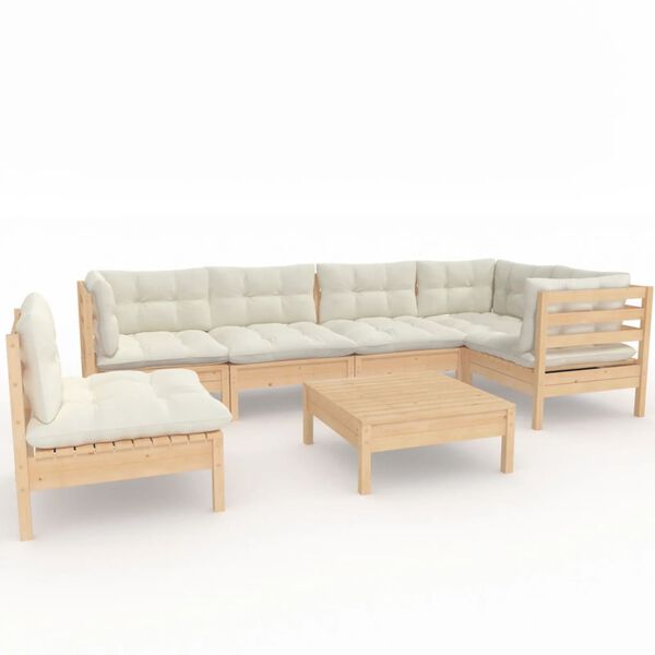vidaXL Salon de jardin 7 pcs avec coussins cr&egrave;me bois de pin