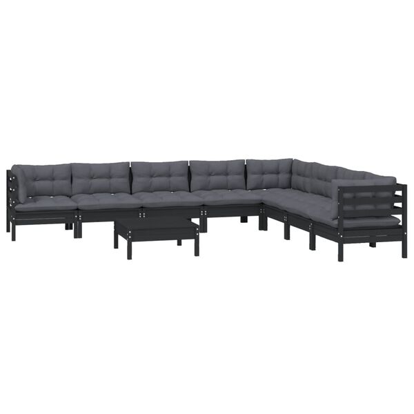 vidaXL Salon de jardin 9 pcs avec coussins Noir Bois de pin massif