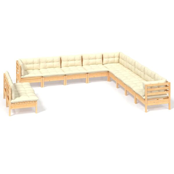 vidaXL Salon de jardin 11 pcs avec coussins cr&egrave;me Bois de pin solide