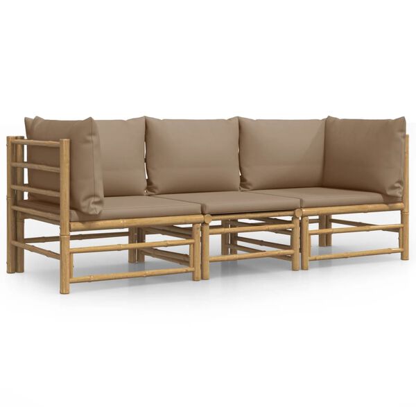 vidaXL Salon de jardin 3 pcs avec coussins taupe bambou