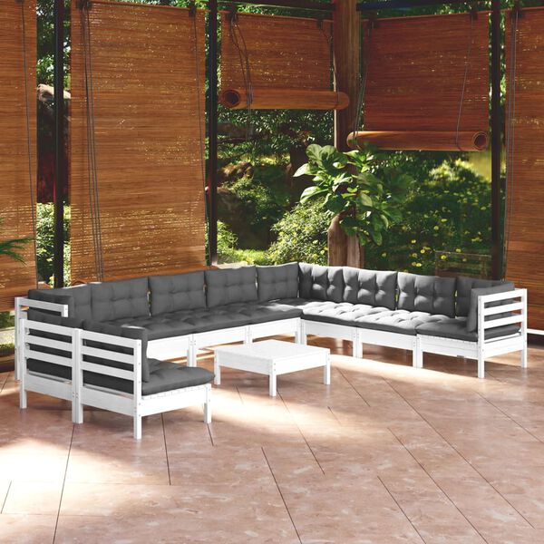 vidaXL Salon de jardin 11 pcs avec coussins blanc bois de pin solide