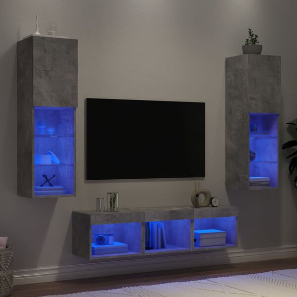 vidaXL Unit&eacute;s murales TV avec LED 5 pcs gris b&eacute;ton bois d'ing&eacute;nierie